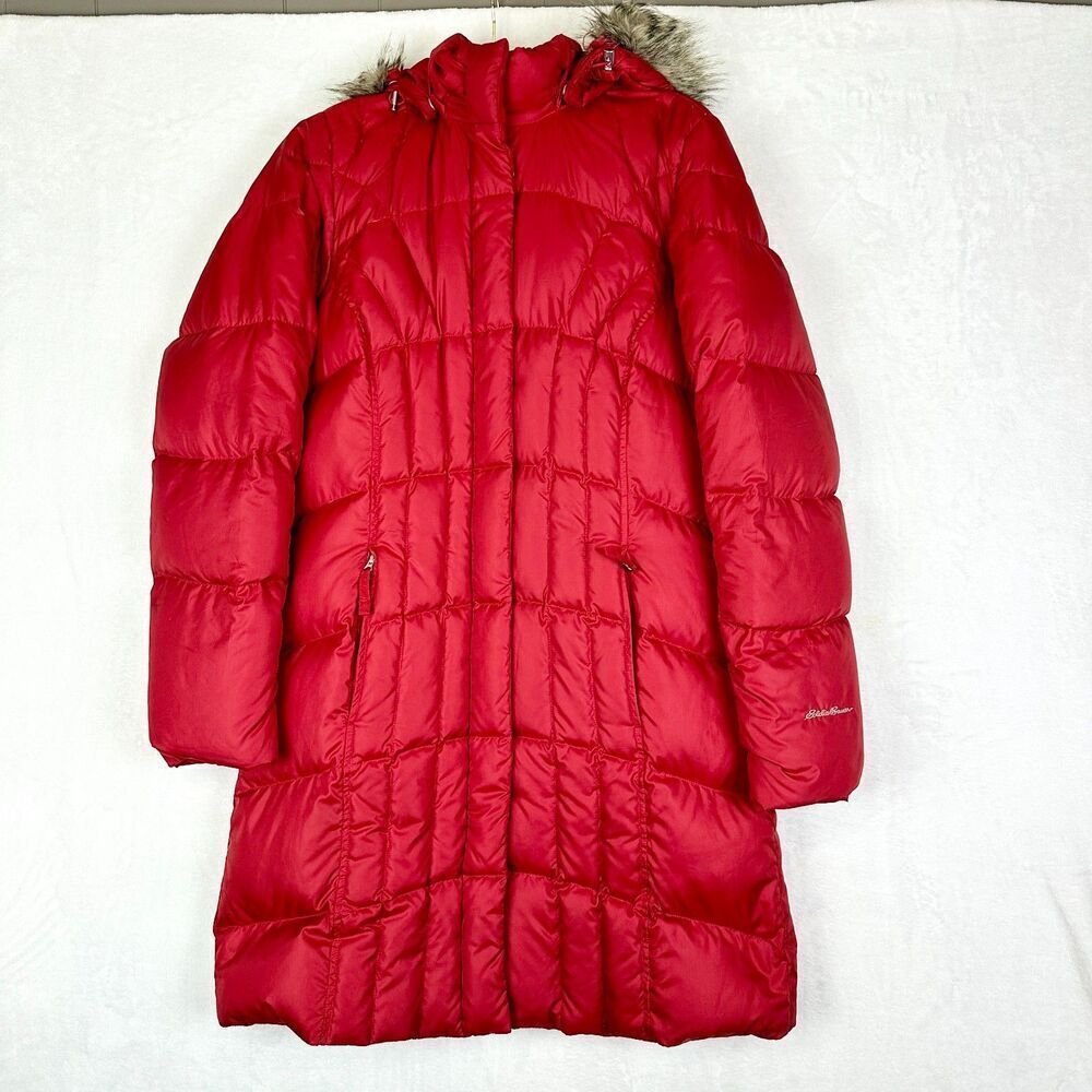 Eddie Bauer Women's Lodge Down Puffer Parka Coat Size Medium Red Faux Fur Hood